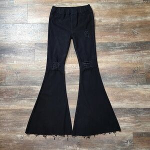 Aaron & Amber Pull On Flare Bell Bottom Jeans Women's Medium Black Distressed